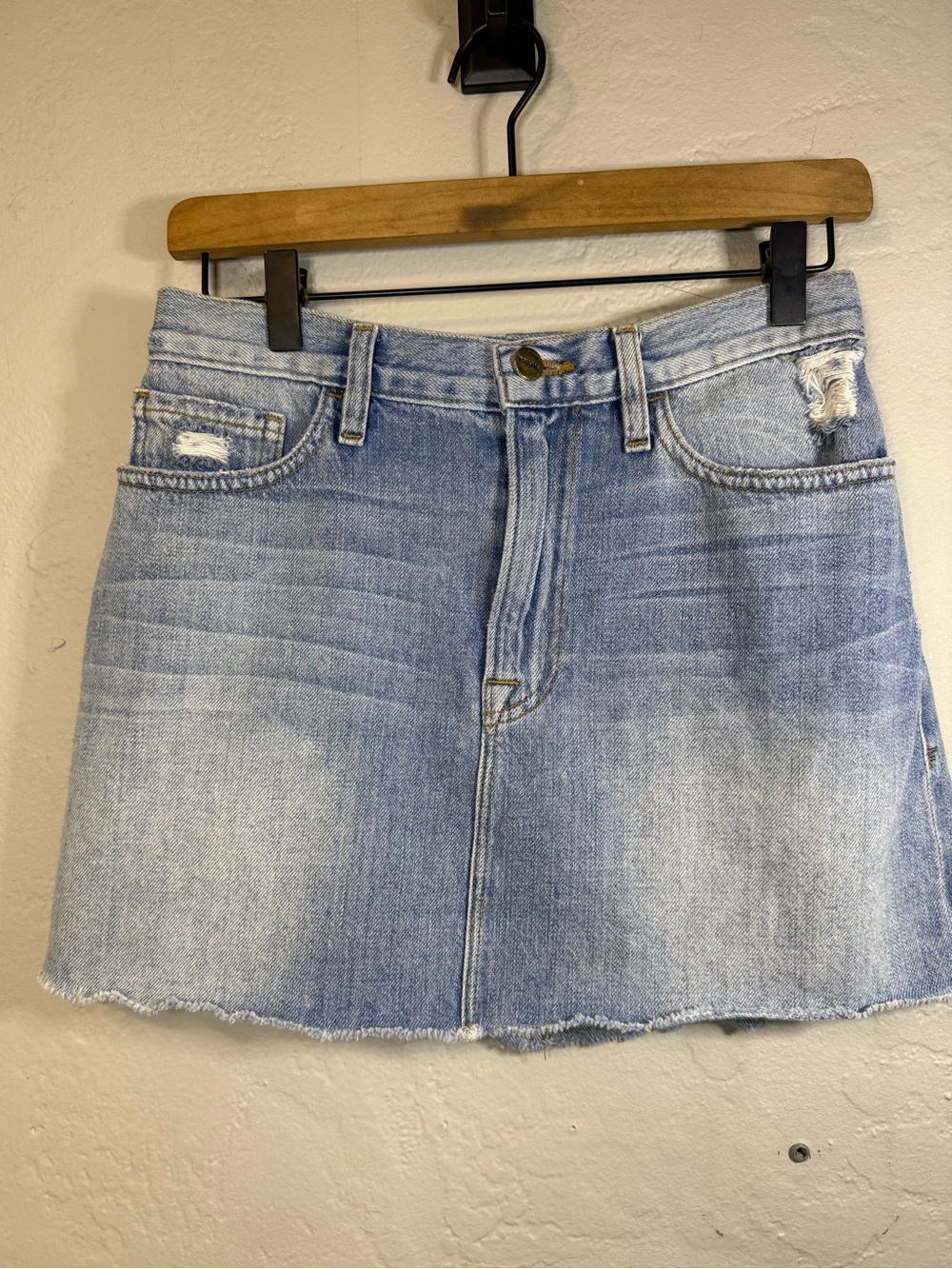 Frame Denim Light Blue Distressed A-Line Mini Skirt